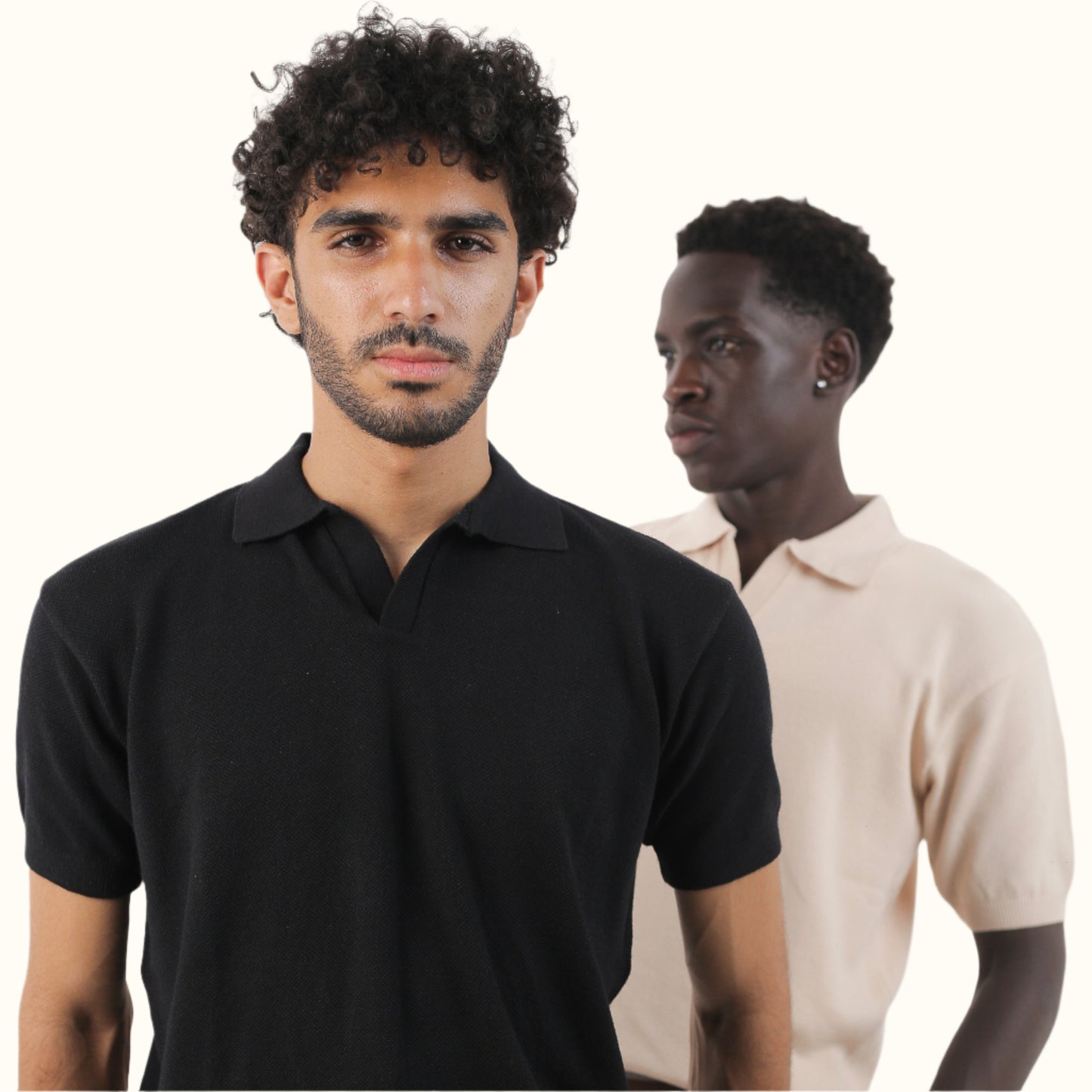 Beige-Knitwear V-Neck polo
