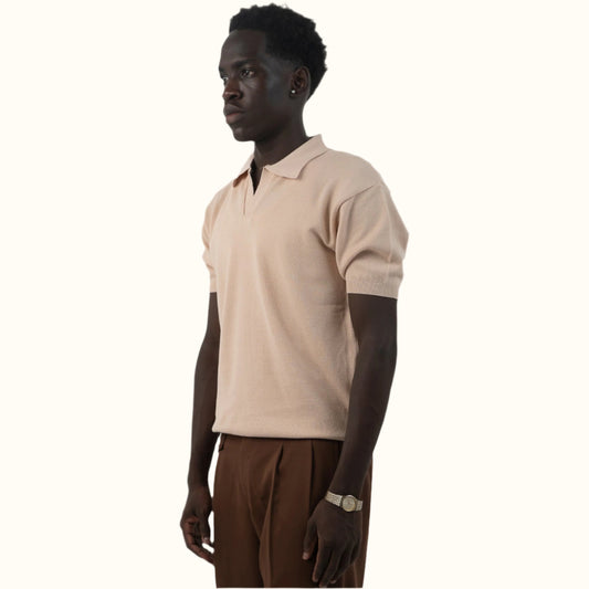 Beige-Knitwear V-Neck polo