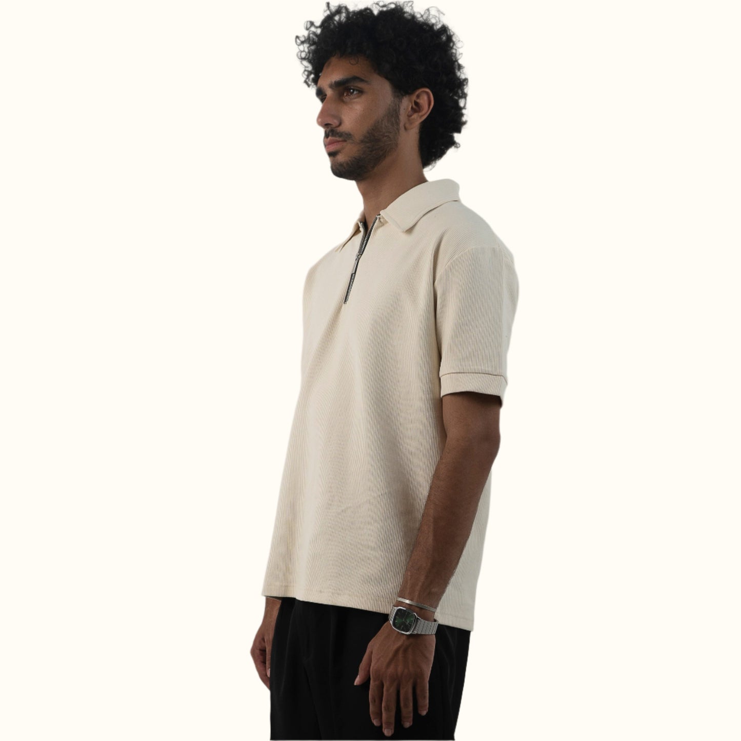 Relaxed Fit-Off-white Zip-up Knitted Polo