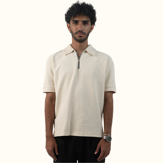 Relaxed Fit-Off-white Zip-up Knitted Polo