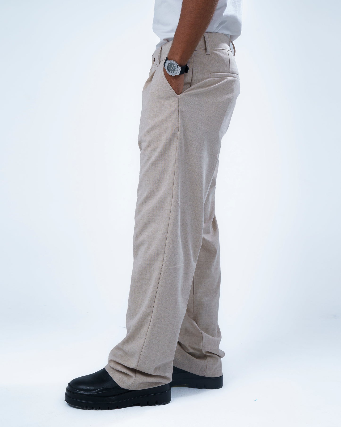 Beige Relaxed-Fit Pleated Trousers