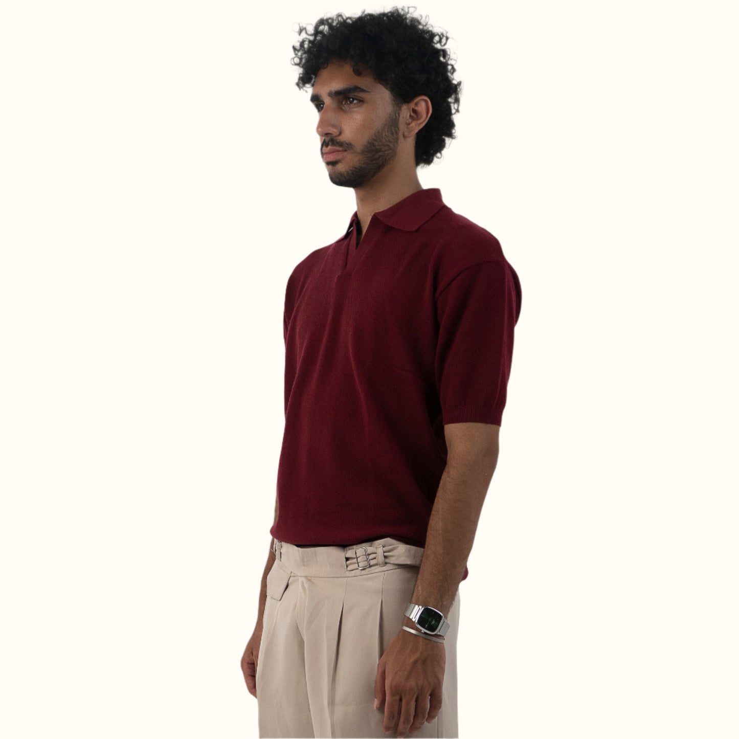 Burgundy-Knitwear V-Neck polo
