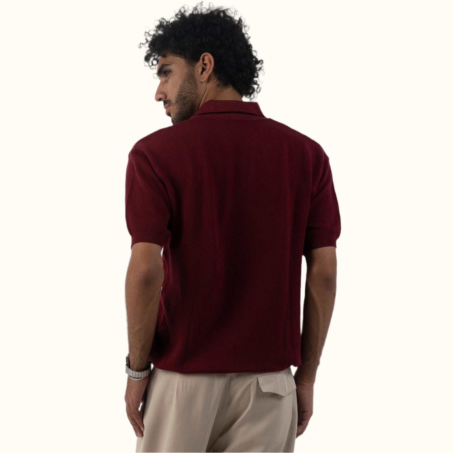 Burgundy-Knitwear V-Neck polo