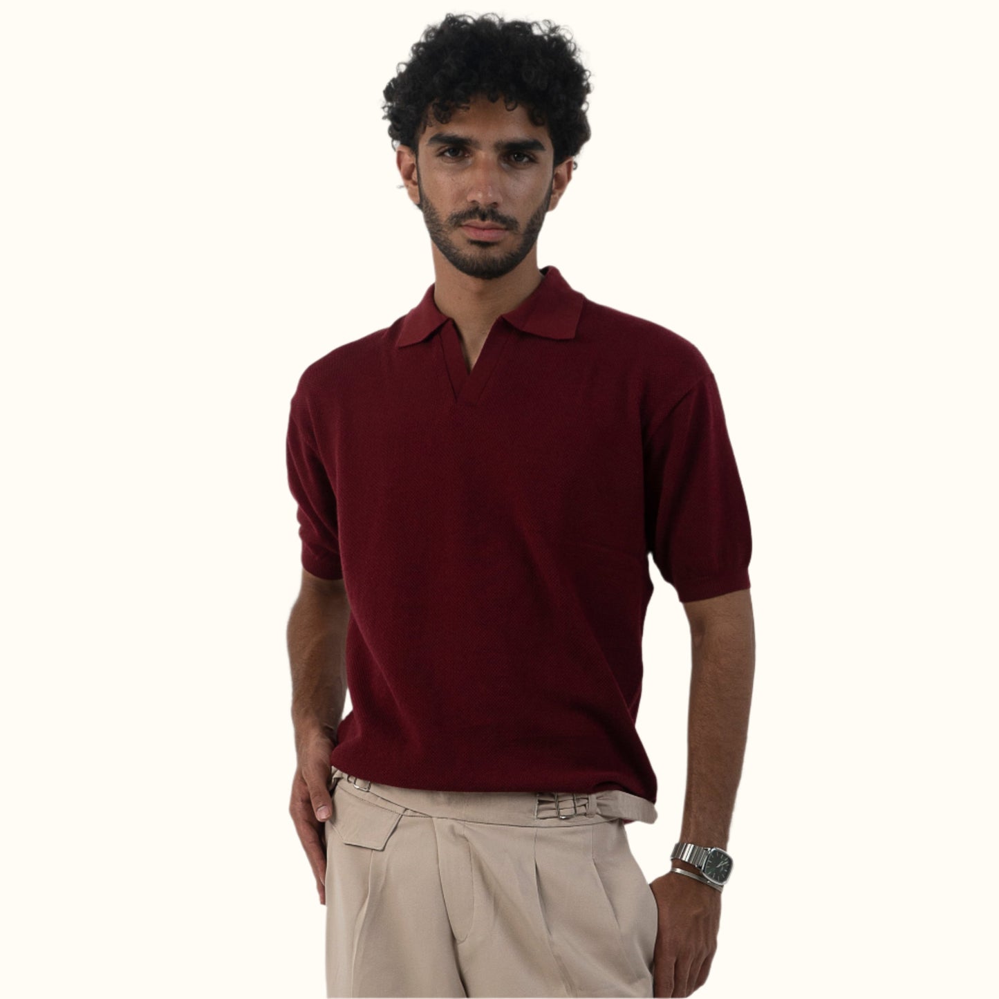 Burgundy-Knitwear V-Neck polo