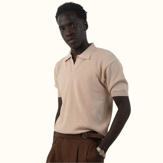 Beige-Knitwear V-Neck polo