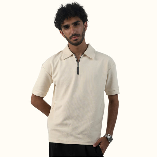 Relaxed Fit-Off-white Zip-up Knitted Polo