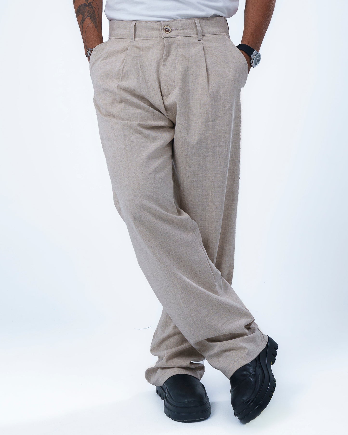 Beige Relaxed-Fit Pleated Trousers