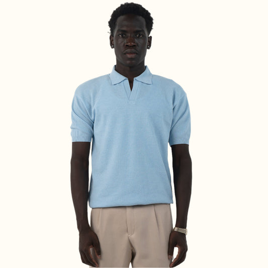 Sky Blue-Knitwear V-Neck polo