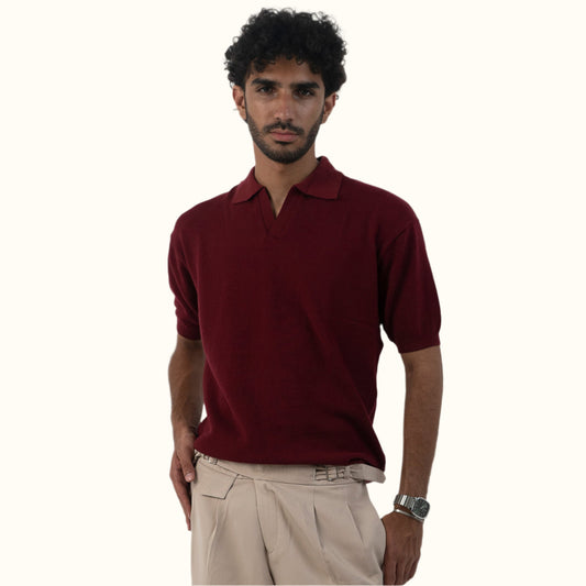Burgundy-Knitwear V-Neck polo