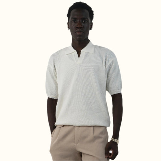 White-Knitwear V-Neck polo