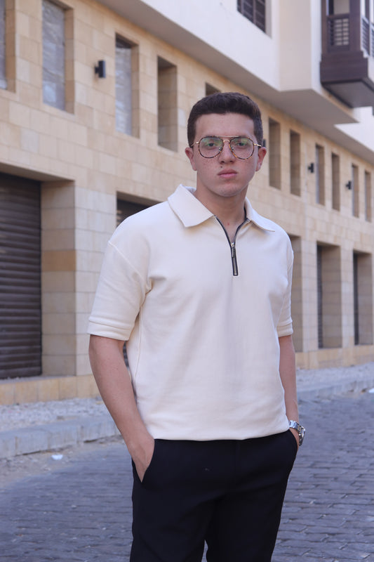Relaxed Fit-Off-white Zip-up Knitted Polo