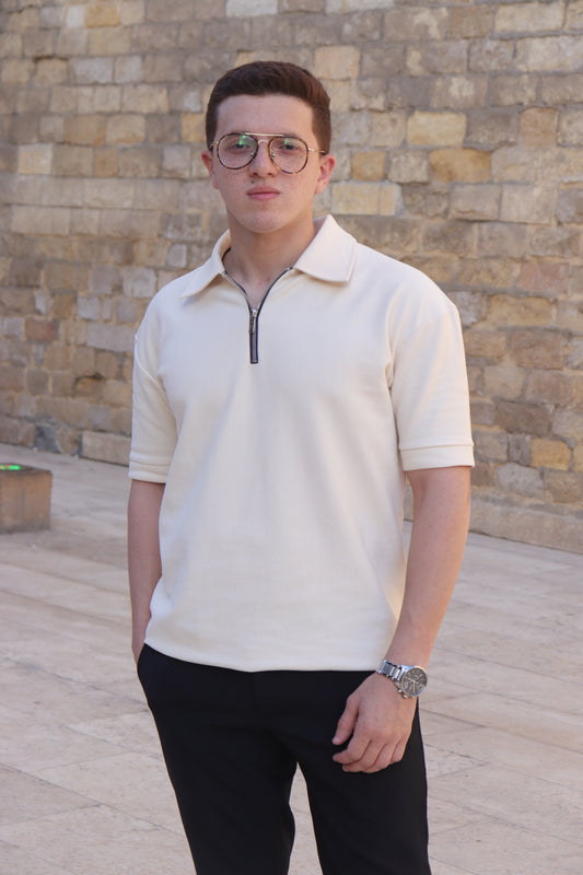 Relaxed Fit-Off-white Zip-up Knitted Polo